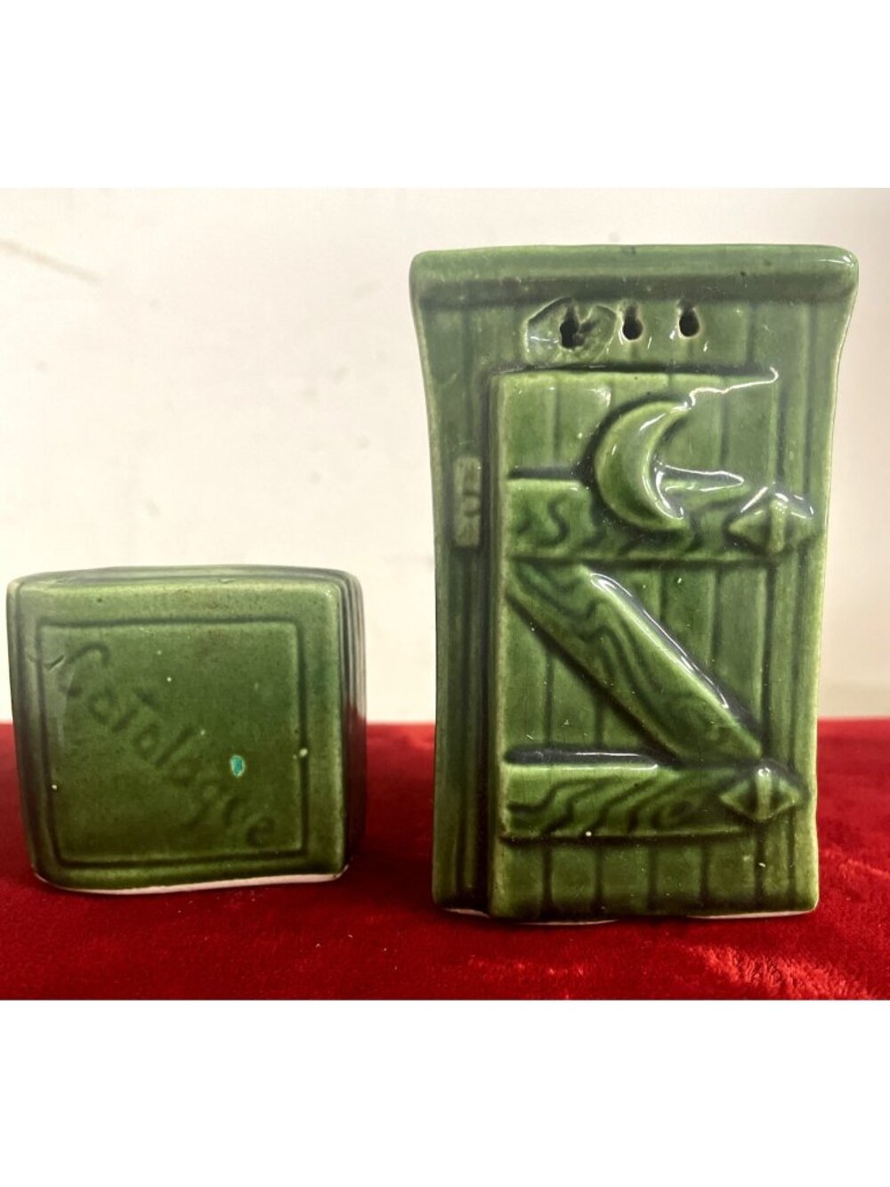 Vintage Outhouse and Catalogue  Salt and Pepper Shakers Green Ceramic Novelty